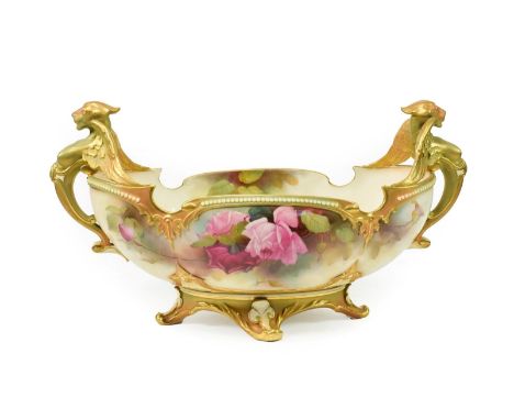 A Royal Worcester Porcelain Twin-Handled Bowl, by R Austin, 1910, of lobed oval form, painted with rose sprays within moulded