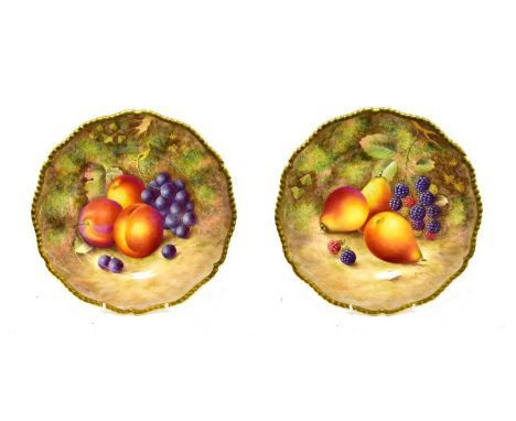 A Pair of Royal Worcester Porcelain Plates, by Harry Ayrton, 1959, painted with still lives of fruit on a mossy bank within a