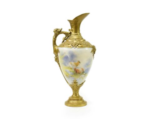 ^ A Royal Worcester Porcelain Ewer, by Harry Davis, circa 1910, of urn shape with scroll and mask handle, painted with mounta