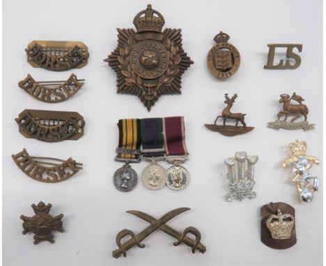 Small Selection of Badges including brass, KC Royal Marines helmet plate ... 4 x brass Dorset titles ... Brass LS title ... B