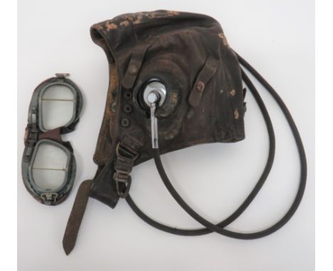 WW2 RAF Early Pattern C Type Flying Helmet &amp; MKVIII Goggles brown chrome leather, multi panel helmet. &nbsp;Four leather 