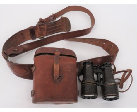 Pair of WW1 Officer's Binoculars In Case On Sam Browne Belt black painted brass frames with Paris maker details. &nbsp;Leathe