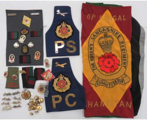 Queens Lancashire Regiment Badges including 4th Batt Presentation Of Colours brassard. &nbsp;Blue cloth with applied plated g