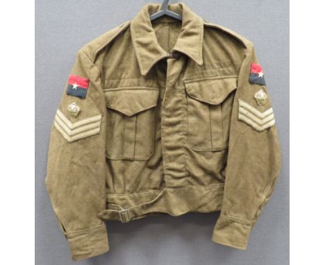 1937 Pattern GHQ India NCO's Battledress Jacket khaki woollen, single breasted, closed collar, short jacket. &nbsp;Lower belt