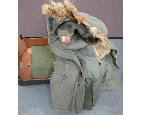 American Type N38 Flying Jacket green cotton, full length jacket. &nbsp;Central single zip. &nbsp;Hood with fur edging. &nbsp