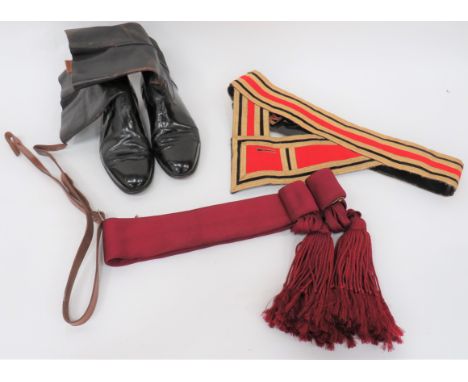 Small Selection of Equipment consisting black leatherette baldric sword belt. &nbsp;Front faced with gilt braiding with centr