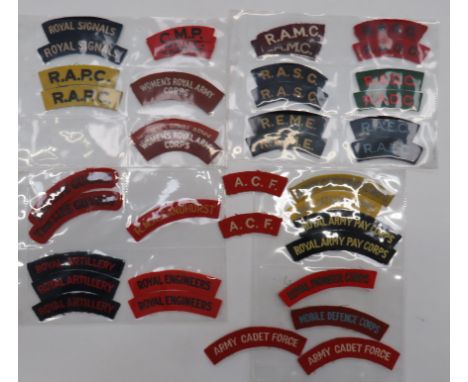 British Corps Embroidery Shoulder Titles including Royal Pioneer Corps ... CMP ... RAPC ... Royal Signals ... Royal Engineers