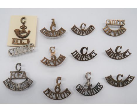 Cadet Battalion Shoulder Titles brass titles consist Cadets Devon ... C. 5 Devon ... C. 6 Devon ... 2 x C. Dorset ... C. Brec