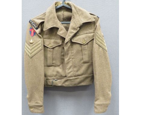 1946 Pattern REME NCO's Battledress Jacket khaki woollen, single breasted, open collar, short jacket. &nbsp;Lower belt secure