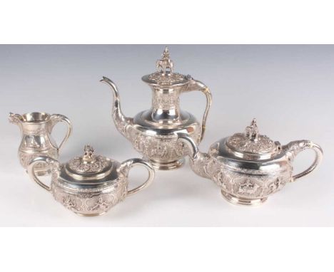 A late 19th/early 20th century Indian silver four-piece tea service by C. Krishniah Chetty of Bangalore, comprising teapot, h