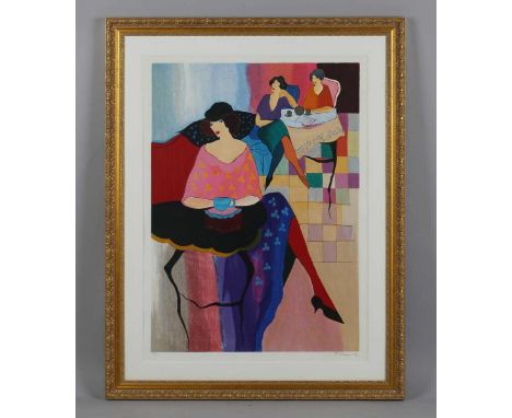Itzchak Tarkay (1935-2012) - Three ladies at tea, colour screenprint, signed lower right, numbered 117/350 lower left, 97cm x