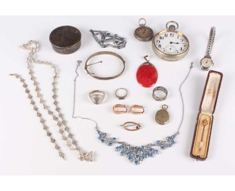A group of jewellery, watches and further items, comprising a diamond stick pin, with a case, a gold brooch, designed as a wi