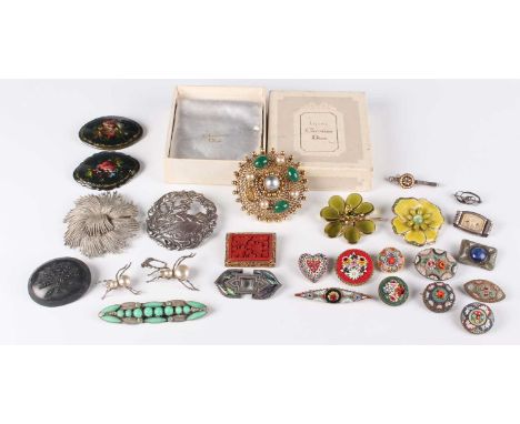 A group of twenty-six brooches, including a Christian Dior gilt metal, imitation pearl and green paste brooch (one cabochon g