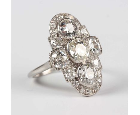 A platinum and diamond panel shaped cluster ring, collet set with five principal cushion shaped diamonds, otherwise set with 