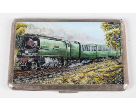 A George VI silver and later enamelled rectangular cigarette case, the front painted with a scene of a steam locomotive, Lond