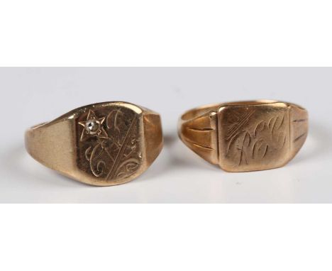 A 9ct gold and diamond set signet style ring, initial engraved, ring size approx R, and a gold signet ring, initial engraved,