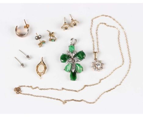 A white gold and jade pendant, detailed ‘18K’, weight 6.1g, length 3.8cm, and a group of mostly 9ct gold jewellery, comprisin