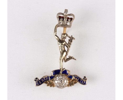 A 9ct gold, platinum, diamond and enamelled military brooch, designed as the badge of the Royal Corps of Signals, Birmingham 