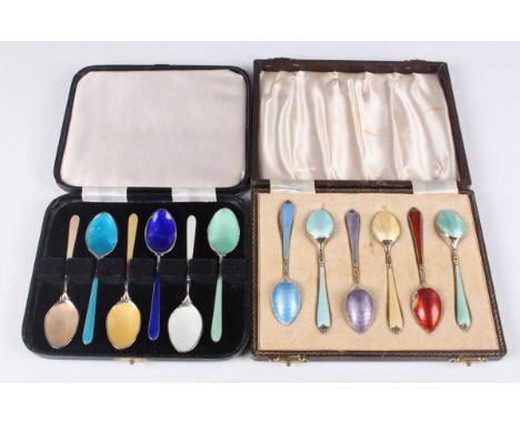 A set of six George VI silver and varicoloured enamel coffee spoons, Birmingham 1939 by Adie Brothers Ltd, cased, and a match