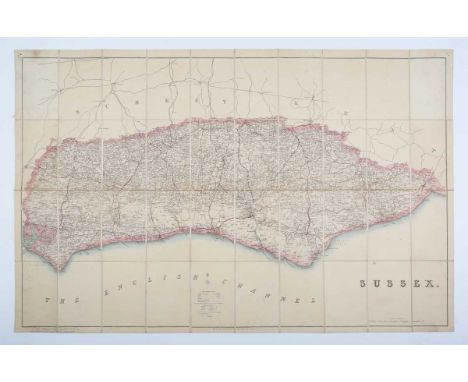 Edward Stanford – Folding Ordnance map of Sussex, engraving with hand colouring, in forty sections, linen backed, in slip cas