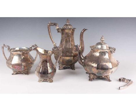 An early Victorian silver four-piece tea set of octagonal baluster form, engraved with strapwork decoration, on cast scroll f