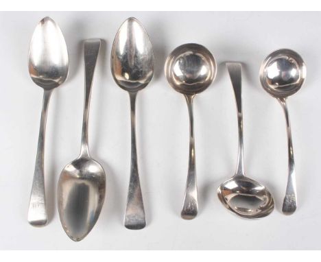 A pair of George III silver Old English pattern sauce ladles, London 1802 by Peter, Ann &amp; William Bateman, another simila