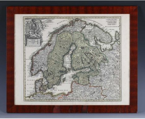 Michael Kauffer - Scandinavia Complectens, engraved map with hand colouring, p.33.5cm x 39.5cm, within a mahogany veneered fr