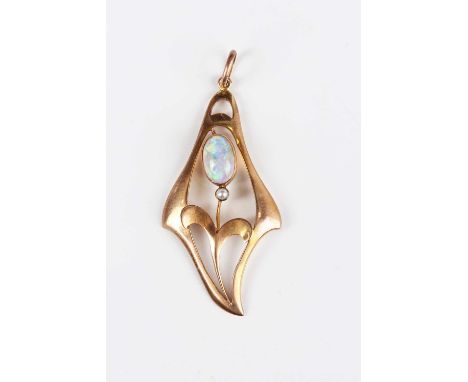 A gold, opal and half-pearl pendant in an Art Nouveau scrolling design, detailed '9ct', weight 2.7g, length 5cm.