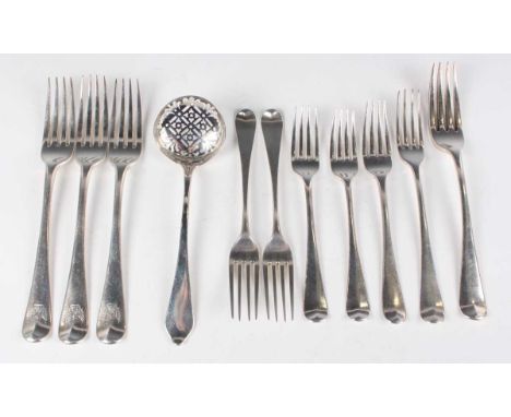 A set of three George III silver Hanoverian pattern table forks, crest engraved, London 1798 by William Eley &amp; William Fe