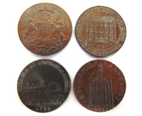 GREAT BRITAIN - FOUR ASSORTED TOKENS  comprising an Exeter halfpenny, Success to the Woollen Manufactory, 1792; Chichester ha