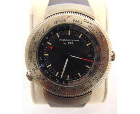 A PORSCHE DESIGN WRISTWATCH, BY I.W.C.  serial number 2543768, the black face with an Arabic numeral 24-hour chapter ring, ba