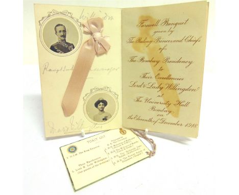 EPHEMERA - INDIA  comprising a menu for the Farewell Banquet given by the Ruling Princes and Chiefs of the Bombay Presidency 