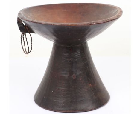 African tribal carved wooden bowl, 20cm tall, 21cm wide, carved from a single piece with suspension loop and supported by hol