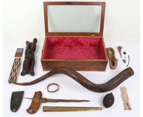 Assorted items comprising; folding wooden tripod stand 33cm; carved coconut bugbear 10cm; carved bone ancestor figure 15cm; s