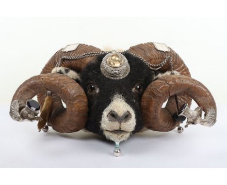 Elaborate late Victorian ram’s head table snuff mull, silver coloured metal mounts (not hall marked) the mull set into the to