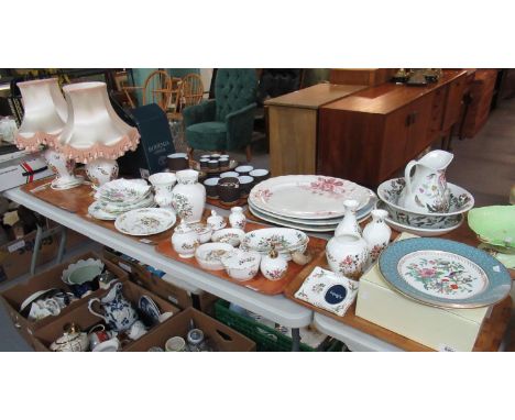 Four trays of Aynsley Pembroke, Somerset china items to include pair of table lamps with shades, vases, plates, wall clock, t