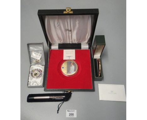 Box containing Swarovski jewellery to include bangle, brooch, pen, etc. Together with Diana Portrait of a Princess proof coin