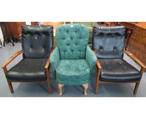 Modern upholstered button back arm chair together with a pair of Woodstock teak and leather finish arm chairs. (3)(B.P. 21% +