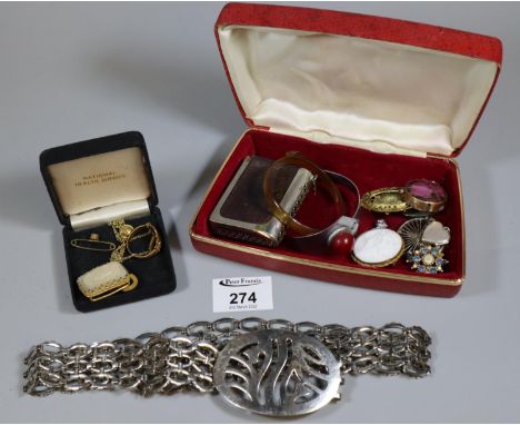 Bag of assorted costume jewellery to include Bakelite snake bangle, brooches, a miniature bible holder, cameo type brooch, pl