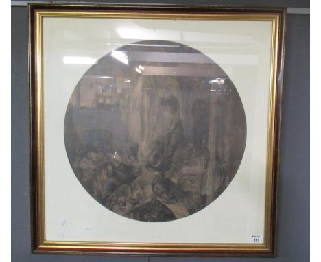 After Landseer, study of horses heads and other creatures, pencil sketch. 60cm diameter approx. Framed and glazed. Charity sa