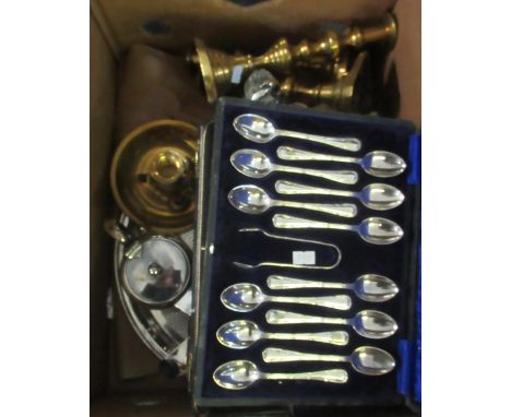 Box of assorted metalware to include: J T Coles EPNS teapot, coffee pot, milk jug, and sugar basin, four bottle condiment set