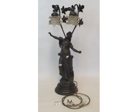 Art nouveau design bronzed finish table lamp in the form of a woman, having two glass shades, decorated with foliage. 78cmn h