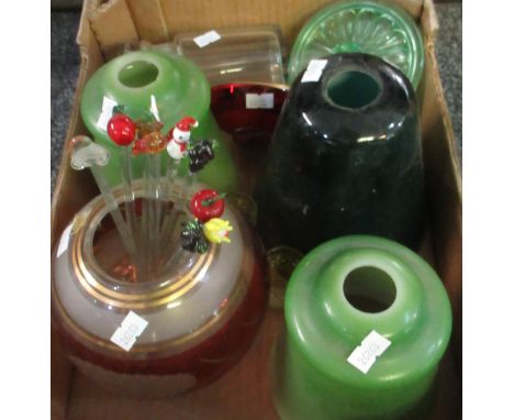 Box containing three vintage coloured glass lightshades, two shot glasses, sweet jar, two glass bowls, green glass powder bow