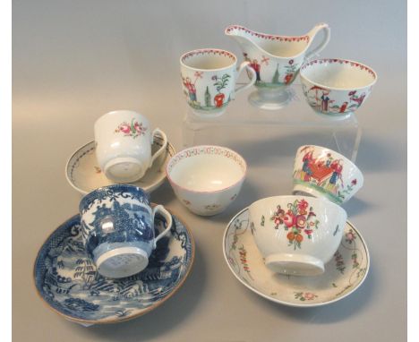 Collection of 18th century New Hall type porcelain items to include helmet-shaped jug in Oriental style, similar straight sid