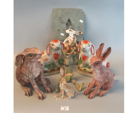 Pair of Staffordshire style hand painted rabbits, together with a collection of ceramic and other hares to include 'Moon Gaze