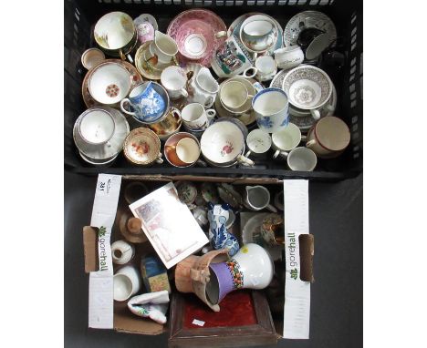 Two boxes of assorted mainly china to include a collection of cups and saucers including two Shelley fine bone china cups and