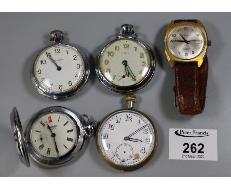 Collection of chrome and other plated pocket watches to include Ingersoll and Timex, together with a Summit gents wristwatch.