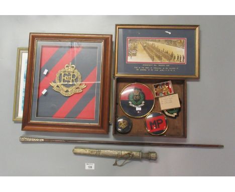 Collection of Royal Military Police ephemera to include WWII medal group, Royal Military Police brass plate, Moorish sword an