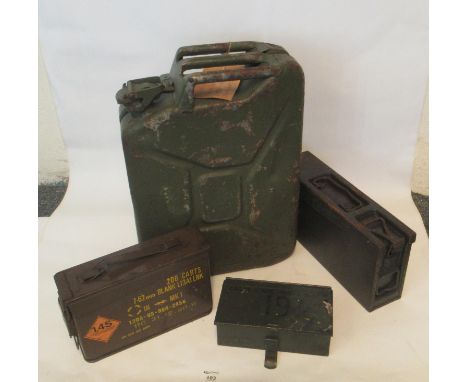 Box containing three military ammunition boxes and a military diesel jerry can. (4)(B.P. 21% + VAT) 