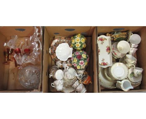 Three boxes to include Staffordshire china with flowers and swags, Colclough bone china, ceramic floral bouquets, Japanese ko